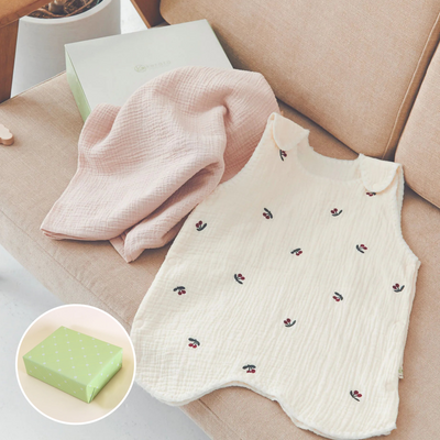 【ギフト】すやすやセット｜6重ガーゼスリーパー1枚+おくるみガーゼ1枚（チェリー×ピンク）《ラッピング済み》