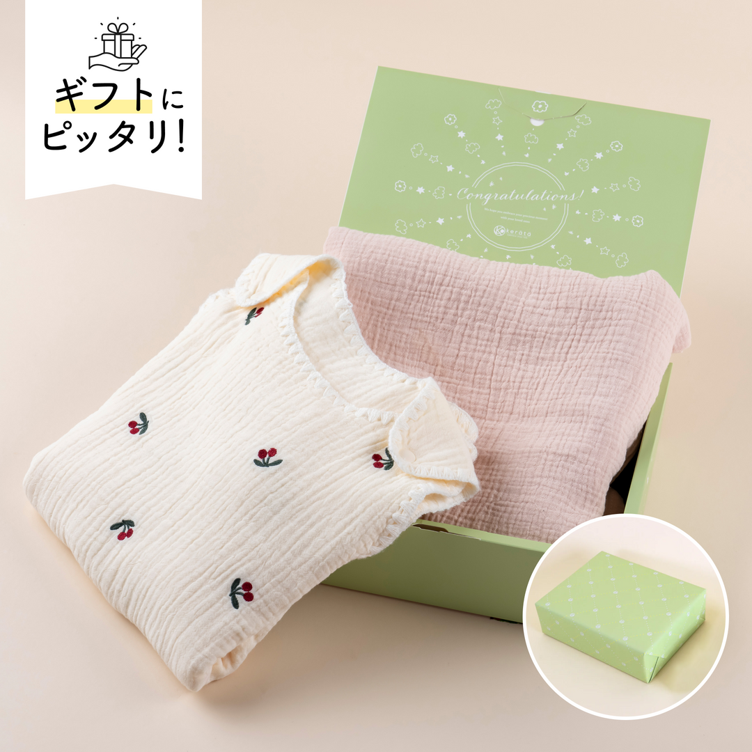 【ギフト】すやすやセット｜6重ガーゼスリーパー1枚+おくるみガーゼ1枚（チェリー×ピンク）《ラッピング済み》